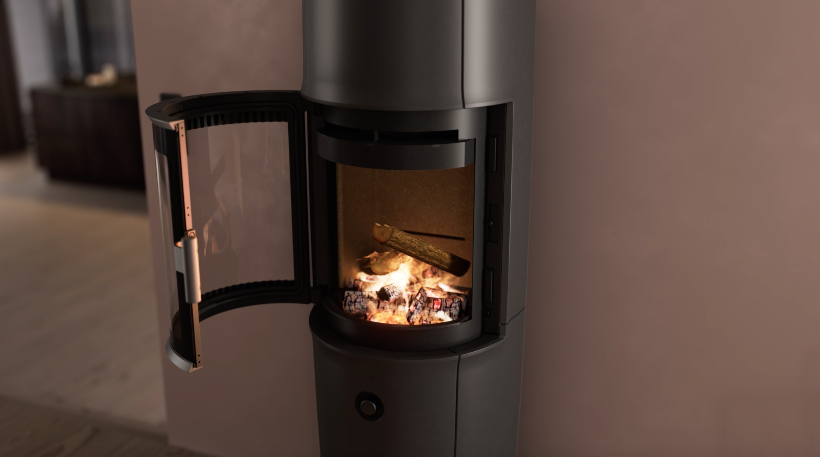 Modern room with large black Jøtul F 174 wood stove, powder-purple walls
